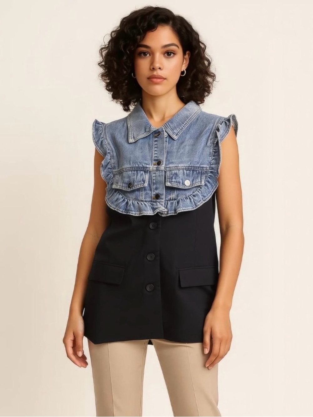 Ruffle Denim Contrast Longline Vest